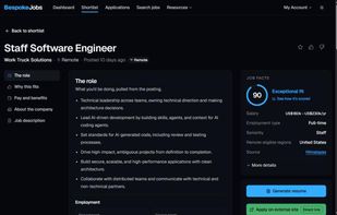 A match with its fit score, pay, and a button to generate a tailored resume.
