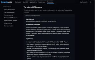 A tailored resume from the worked example with a fictional candidate.
