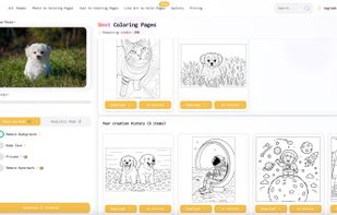 A screenshot of the user dashboard on BestColoringPages.ai, where users create and manage their coloring pages.