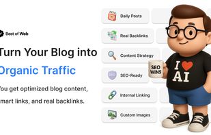 Best of Web dashboard showing AI-powered blog automation features, including daily posts, real backlinks, SEO optimization, internal linking, and custom images.