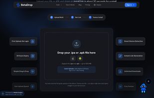 Homepage uploader: drop an .ipa or .apk and get an install link and QR code. First upload needs no account.