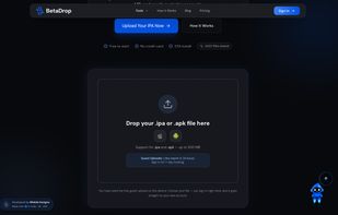 Upload IPA page: the same uploader for iOS builds, with the OTA install flow explained.
