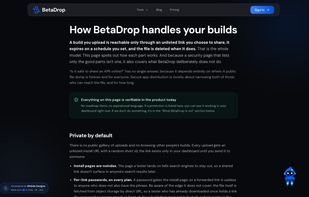 Security page: unlisted links, per-link passwords, expiry rules, deletion on expiry, and what BetaDrop deliberately does not do.