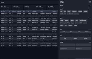 Demo Bets with Filter Panel: Table of bet history with filter options.