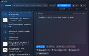 History panel: clipboard items, screenshots with OCR text, and snippets in one searchable list.