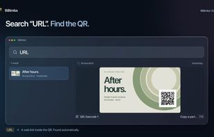 Searching "URL" finds a screenshot by the web link inside its QR code; Control-U copies just that link.