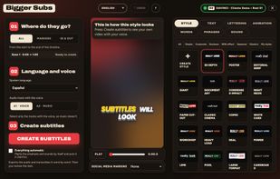 The app: pick a style, create subtitles, place them in DaVinci Resolve