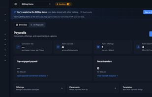 The BillDog Paywalls module is a high-performance in-app monetization engine. Deploy native paywalls, dynamic offerings, entitlements, and virtual currency across 11+ SDKs with sub-50ms load times. Run real-time A/B testing and remote price updates on iOS and Android to maximize subscription revenue—seamlessly replacing RevenueCat, Superwall, and Adapty.

