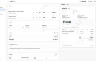 The invoice editor, with the document redrawn beside the form as you type.