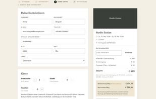 Checkout with the full breakdown: nights, cleaning, city tax, VAT per item and the payment schedule.