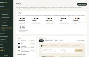 The design editor: colours, fonts, shapes and six templates, with a live preview of the booking flow.