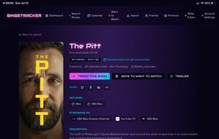 Show detail page with release date tracking, notification sign-up, and streaming platform info — shown here for "The Pitt."