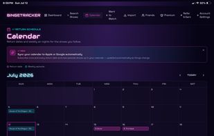 Calendar view showing upcoming episodes across your tracked shows, with one-click sync to Apple or Google Calendar.