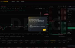 Futures trading screen: chart, order book and order panel with leverage, long/short and TP/SL, all with virtual USDT.