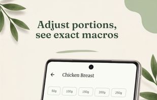 Serving size screen with a slider and quick-amount buttons, showing the full nutrition breakdown for the portion before you log it.