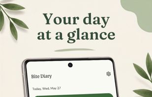 Home dashboard showing the daily calorie ring, a macro donut for protein, carbs and fat, and progress cards for the nutrients you choose to track.