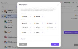 The advanced Filter Options let you organize comments by sentiment (positive, negative) or category (business, complaint, feedback, humor, etc.), making it easy to manage and reply to multiple interactions at once with bulk actions.