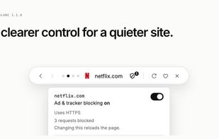 Built-in ad and tracker blocking runs at the network layer, with a live blocked-request count.