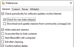 BleachBit 1.9.3 on Windows 10 showing the Preferences dialog