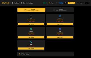 Exchange settings — connect Bybit, Gate.io, KuCoin, BingX or Bitget with trade-only API keys. Withdrawal permission is never requested, and funds stay in your own exchange account.
