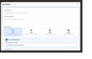 New Workflow modal (Copy/Move/Delete/Mutate + provider picker)