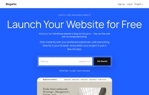 Homepage screenshot of Bloganto showing the modern landing page for creating a free WordPress website, including hero section, call-to-action, clean layout, and website builder focused design.