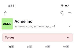 A company page showing associated notes, attachments, emails, contacts, to-dos, and meetings.
