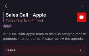 An event page displaying associated notes, attachments, emails, and contacts.