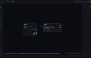 Visual flow editor: a chat command connected to a chat message action.