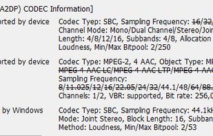 Shows Stereo Audio (A2DP) CODEC Information