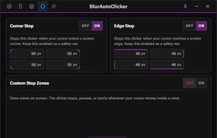 A panel for adding automatic areas for starting / stopping, or pausing the Autoclicker.