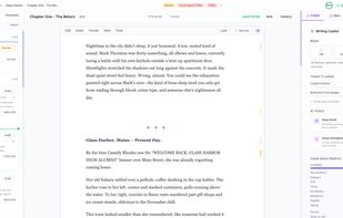 AI Writing Copilot in Full mode: Deep Check grammar, Scene Strengthener analysis, and Voice Profile showing sentence length, POV, tense, vocabulary, and Show vs Tell metrics.