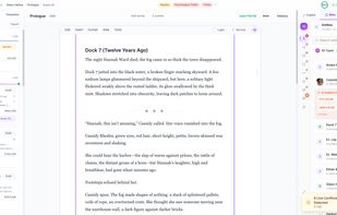 Story Bible panel inside the editor: 21 entities surfaced in real time, with 6 live conflicts flagged directly on the manuscript — character trait contradictions highlighted inline.