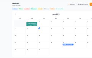 Shared board calendar with meeting scheduling, agenda builder, and meeting minutes archive.