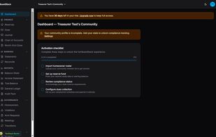 BoardStack dashboard showing reserve compliance setup and board-ready fund records.