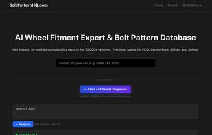 Bolt Pattern HQ Homepage: Features a direct vehicle search and an innovative AI-powered fitment analyzer button, providing instant access to precise wheel compatibility data for over 10,000+ vehicles.