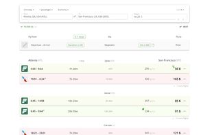Flight search results.