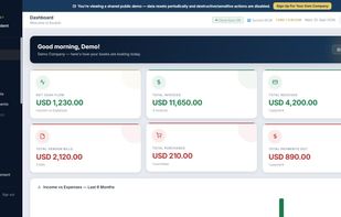 Dashboard overview with KPIs and cash flow chart