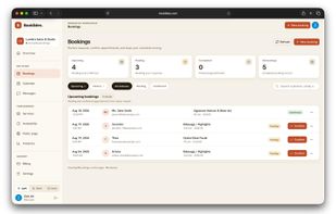 Incoming requests arrive with customer, service, duration and price. Businesses confirm, reschedule or cancel, and both sides get an automatic email as the status changes.