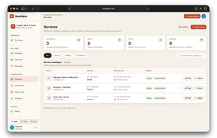 Each service carries its own duration, price, slot interval and booking window, and can be active, drafted or archived without deleting the record.