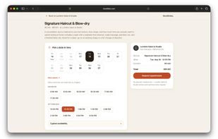 Customers pick a date and time from slots generated by the business's hours and service duration. Closed days and taken slots are unavailable, and times display in the business's own time zone.