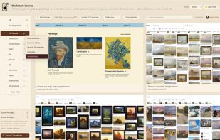 Your Chrome folders on the left, and a thumbnail of every saved page on the right, shown in the Beach color theme.