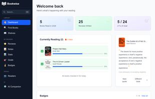 Dashboard with current reading list AI recommendations and popular quotes
