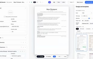 The editor: edit your resume on the left, a live ATS-ready preview in the center, and 12 switchable templates on the right.