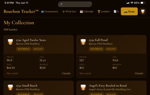 Track every bottle in your bourbon collection with fill levels, ratings, and tasting notes.
