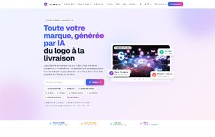 BrandMotion Lab homepage showcasing the AI-powered brand production platform, with logo generation, visual identity tools and generated brand examples.