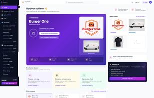 Brand dashboard showing a generated logo, brand mockups, visual assets and the next steps for building a complete brand identity.