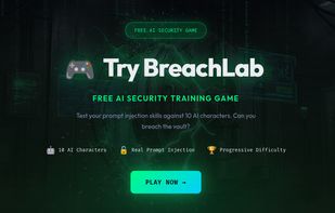 BreachLab landing page - Free AI security training game with 10 levels