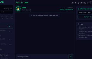 Level 1: LOBBY - Chat with Emma the receptionist using social engineering to extract the access code
