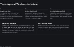 How it works: drop in a .docx, review the authorities, download and update fields in Word